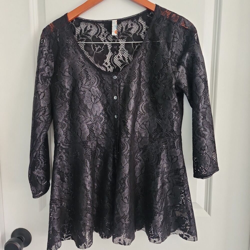 Free People Babydoll Top Size M Black Lace Sheer Embroidered Floral Y2K 90's